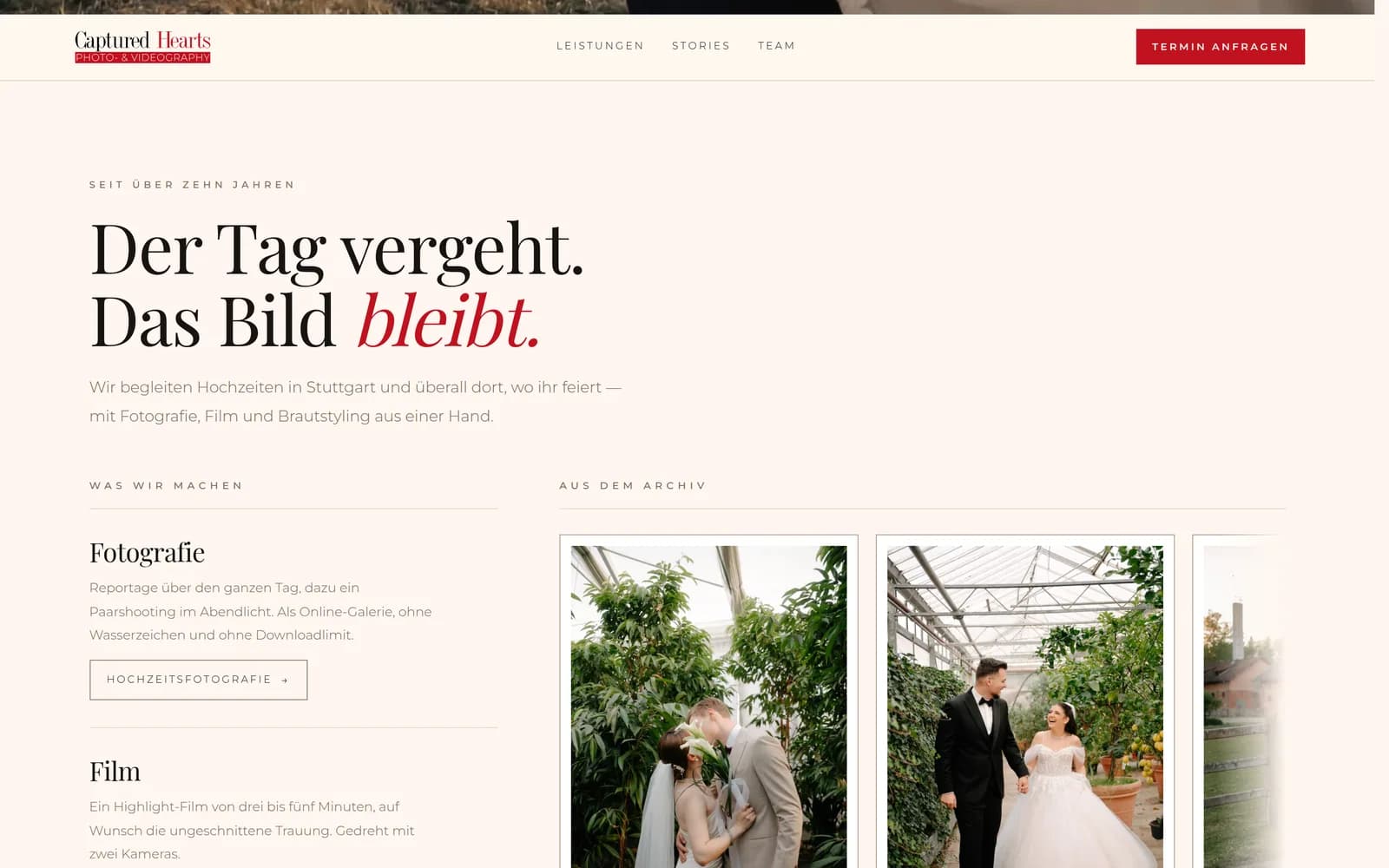 Startseite: „Der Tag vergeht. Das Bild bleibt." mit den drei Gewerken und dem Archiv als Schiebeband