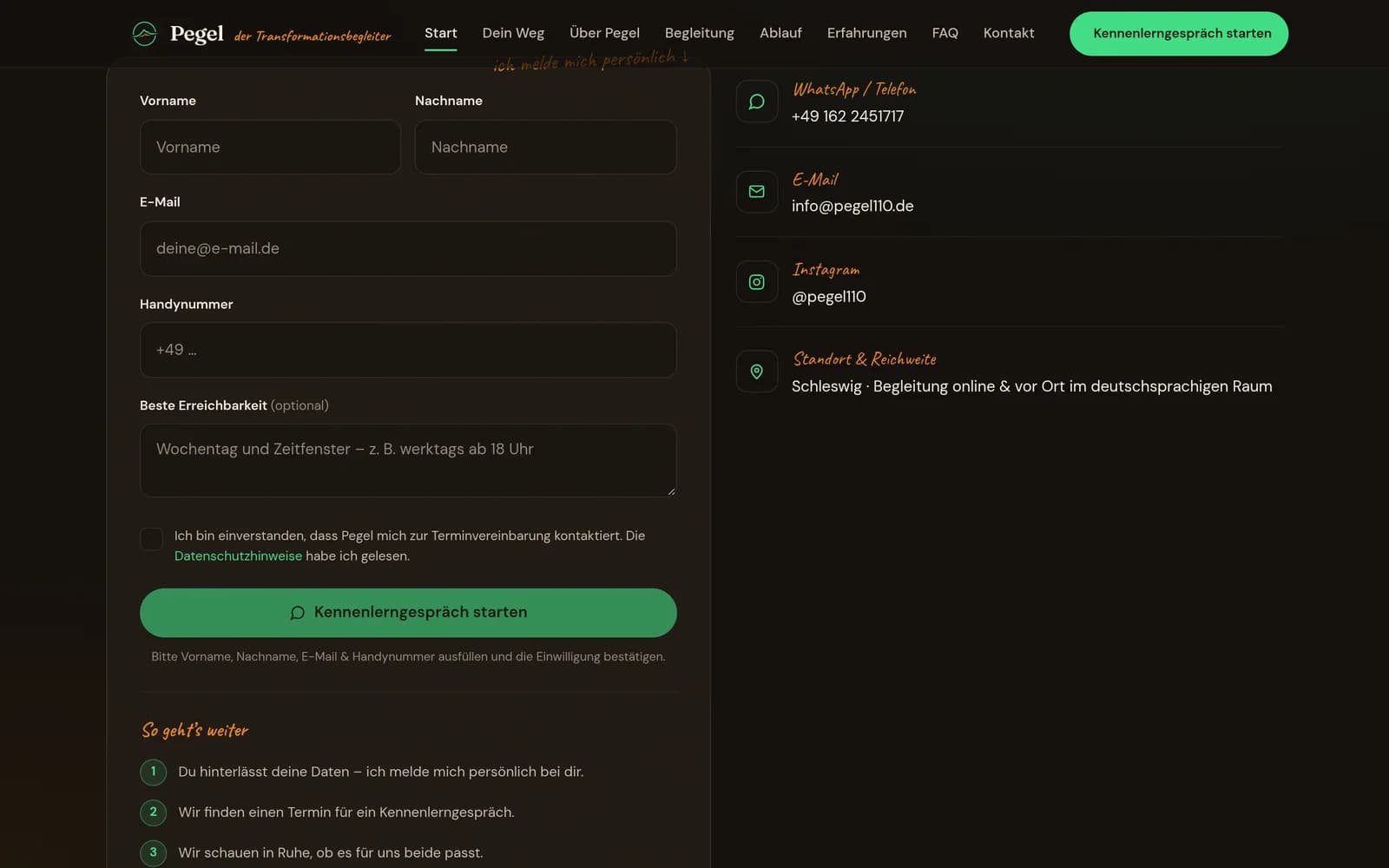 Kontaktformular mit Einwilligung, daneben WhatsApp, E-Mail, Instagram und Standort