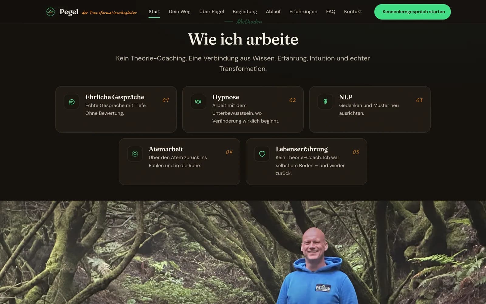 Sektion „Wie ich arbeite" mit fuenf nummerierten Methoden von ehrlichen Gespraechen bis Lebenserfahrung